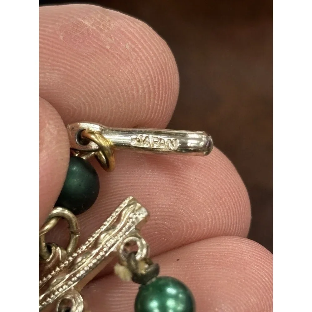 Vintage 1950s Japan Green Sugar Bead Triple Strand Necklace Clip Earrings Set